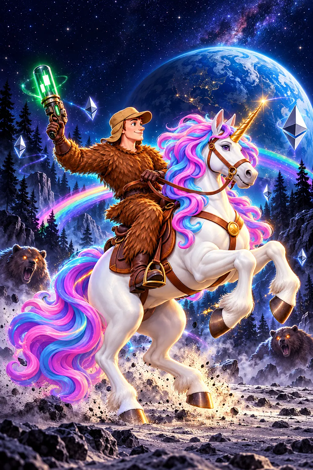 somETHing rider on a colourful unicorn on the moon
